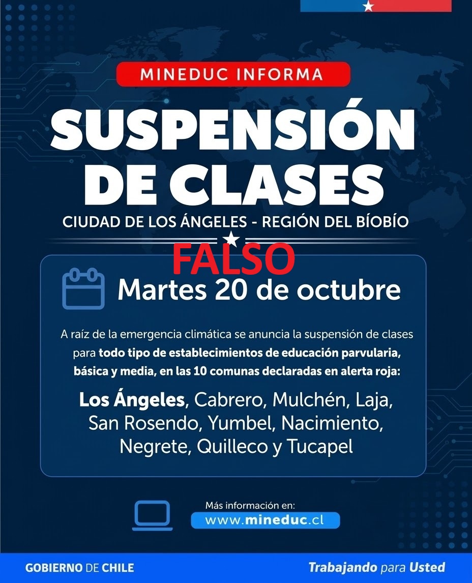 Alerta de Desinformación: Ministerio de Educación aclara que imagen sobre supuesta suspensión de clases en Los Ángeles es totalmente falsa