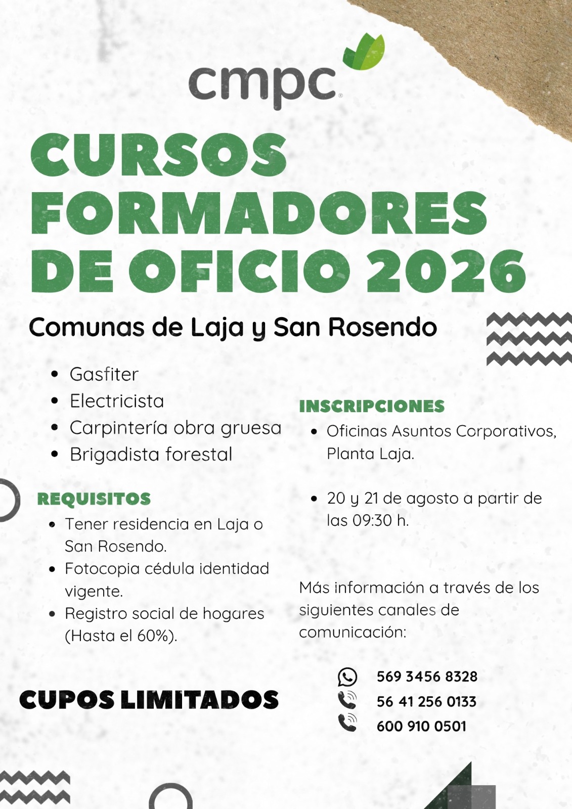 CMPC abre inscripciones para cursos de oficios  dirigidos a vecinos de Laja y San Rosendo